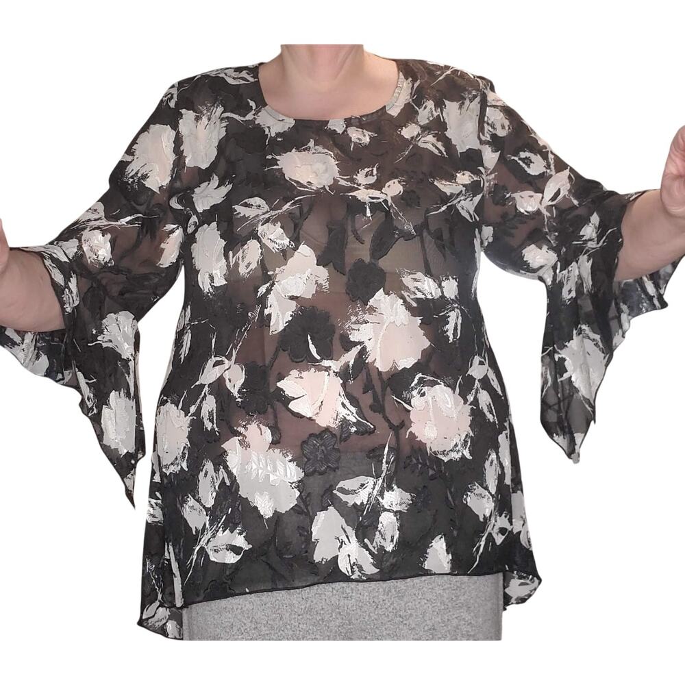 Sheer Black Floral Romantic Blouse Bell Sleeve Whimsigoth Dark Cottagecore 2X